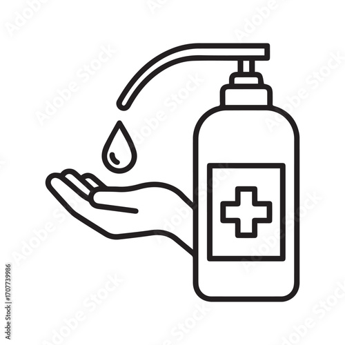 Hand sanitizer dispenser line icon. Vector graphic of washing hands with antiseptic soap or alcohol gel for hygiene and virus prevention.
