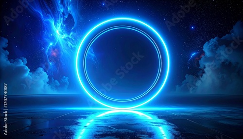 A vibrant blue neon glowing ring stands on a reflective surface under a cosmic sky with nebulae and stars, creating a futuristic and ethereal scene.