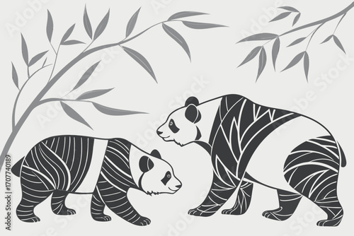 Two Stylized Pandas Among Bamboo Leaves.