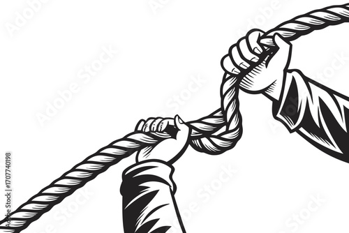 Two Hands Gripping a Thick Rope Together.