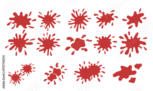 Set of blood splashes and spots. Halloween concept cliparts. Red paint dripping. Vector elements in a flat style isolated on a white background.