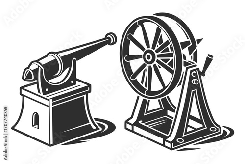 Vintage Cannon and Ships Wheel Illustration.