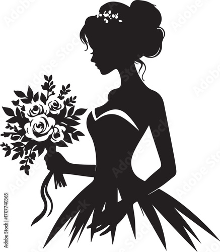 bride silhouette artwork, wedding bride vector, bride flowers outline, stylish bride doodle, married woman icon, woman in gown silhouette, floral bride artwork, wedding day woman, bridal outfit outlin