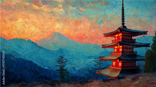 Vector illustration of Chureito pagoda, in impasto style