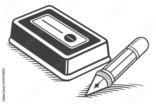 Vintage Fountain Pen and Pencil Sharpener Illustration.