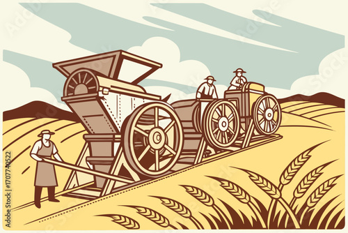 Vintage Farm Harvester with Farmers in Wheat Field.