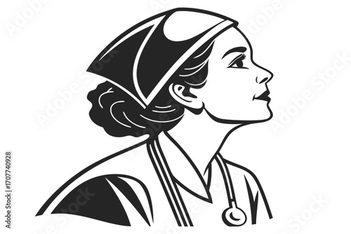 Vintage Nurse Profile Silhouette with Stethoscope.