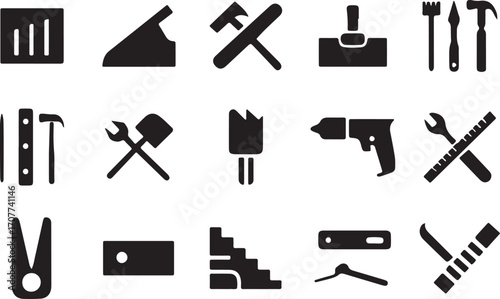 construction tool icons, handyman equipment graphics, repair tool symbols, black white equipment pack, carpenter tools vector, essential building tools, industrial icons set, DIY repair graphics, util