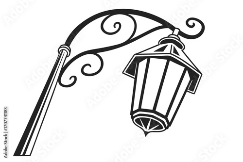 Vintage Street Lamp Black and White Illustration.