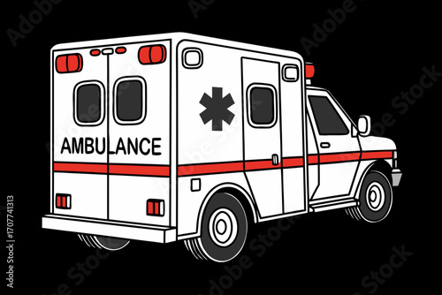 White Ambulance Vehicle with Red Stripes and Star of Life.