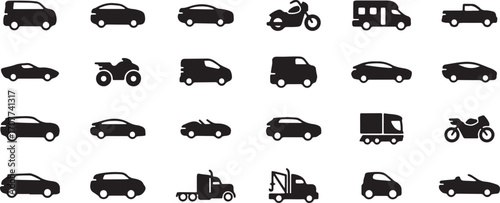 vehicle icons set, car silhouette graphics, transport symbol pack, automotive design vector, simple car icons, black vehicle designs, transport equipment icons, modern automobile graphics, travel car 