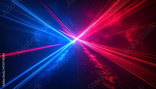 Intersecting red and blue laser beams illuminate a dark space, creating a dynamic light show.