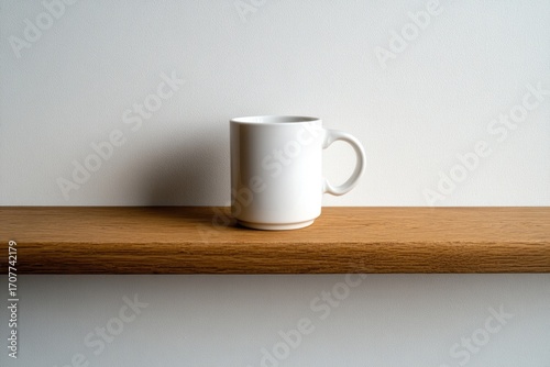 Cozy coffee mug with steam on rustic wooden shelf in front of stone wall with books and flowers