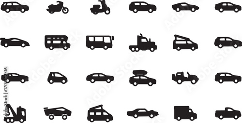 vehicle icons, car silhouettes, transport vector symbols, taxi cab icons, truck and bus icons, train pictograms, motorcycle symbols, ship and boat icons, airplane transport graphics, automotive outlin