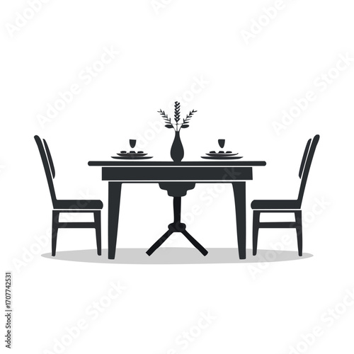 Simple illustration of a formal dining table setting with two chairs, plates, glasses, and a vase of flowers.