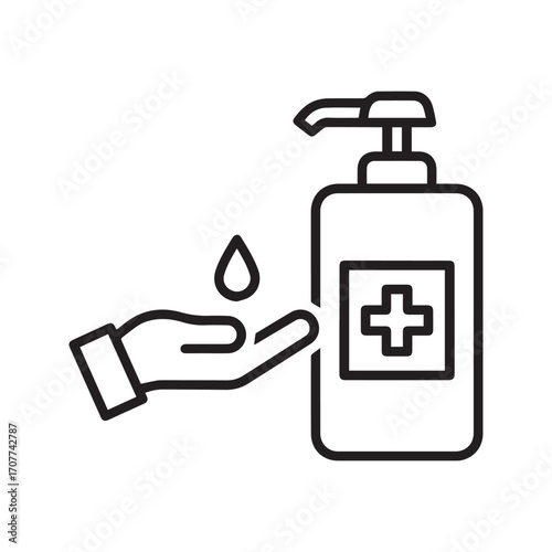 Hand sanitizer dispenser line icon. Vector graphic of washing hands with antiseptic soap or alcohol gel for hygiene and virus prevention.
