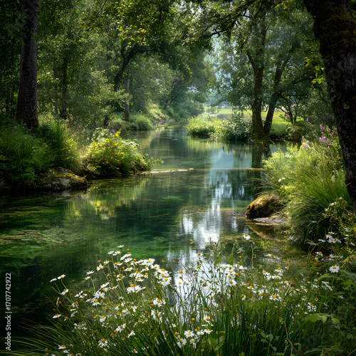 Restored Lake with Flowers on Water Bank Under Sunny Blue Sky  