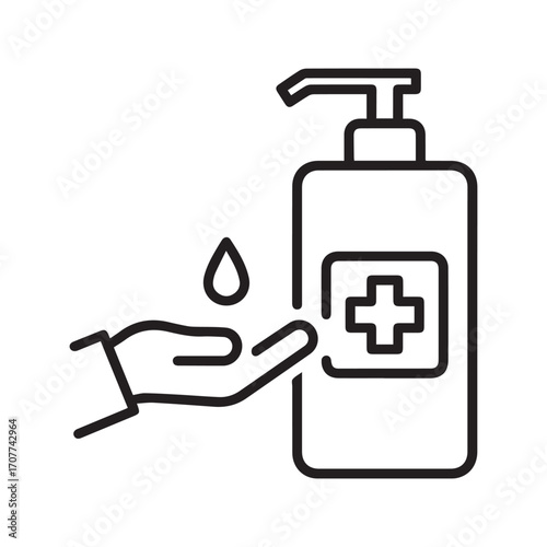 Hand sanitizer dispenser line icon. Vector graphic of washing hands with antiseptic soap or alcohol gel for hygiene and virus prevention.

