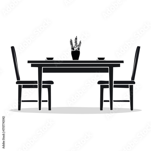 Black silhouette illustration of a dining table set for two, featuring chairs, plates, and a vase of flowers.