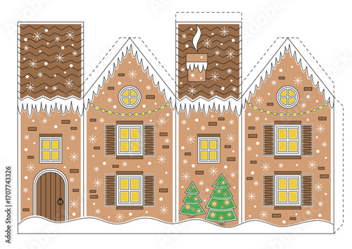 Paper Christmas house, game for kids. Cut and glue. Education for kids, papercraft, preschool worksheet activity. Vector illustration for Christmas decor. 