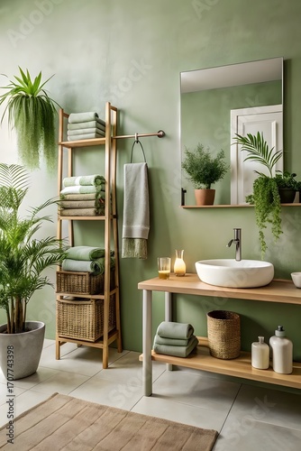 Serene spa-like bathroom with sage green walls, wooden furniture, and lush plants