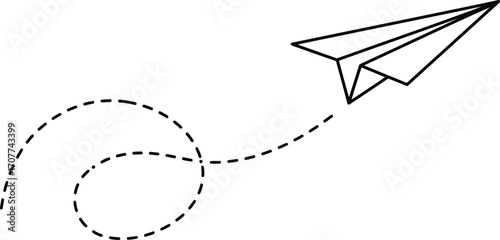 Simple black and white paper airplane with a dotted flight path on transparent background
