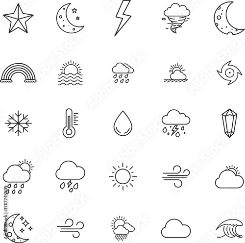 Weather Forecast and Meteorology Line Icon Set