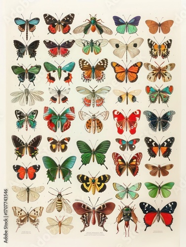 Vintage entomology chart showing colorful butterflies and exotic insects