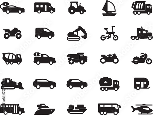 car icons, transport symbols, vehicle silhouettes, motorcycle icon set, bus and truck icons, ship and boat symbols, train vector icons, taxi cab icon set, travel transportation icons, automotive graph