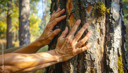 Hands Embracing Tree Trunk in Forest Sunny Outdoor Warm Sunlight Touching Bark Healing Textured Surface Natural Brown Green Environment