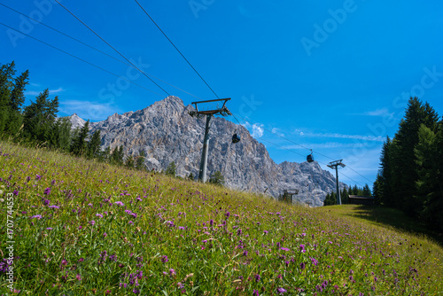Zugspitze mit Seilbahn und Wiese im Vordergrund an einem sonnigen Sommertag