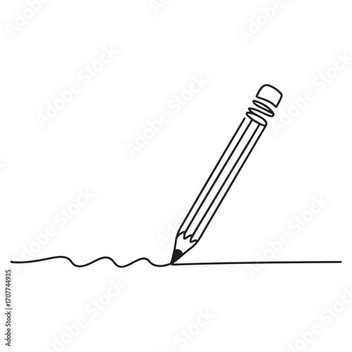 Continuous one Black line Art drawing wooden pencil for writing on paper. Back to school hand drawn minimalism concept. with white background