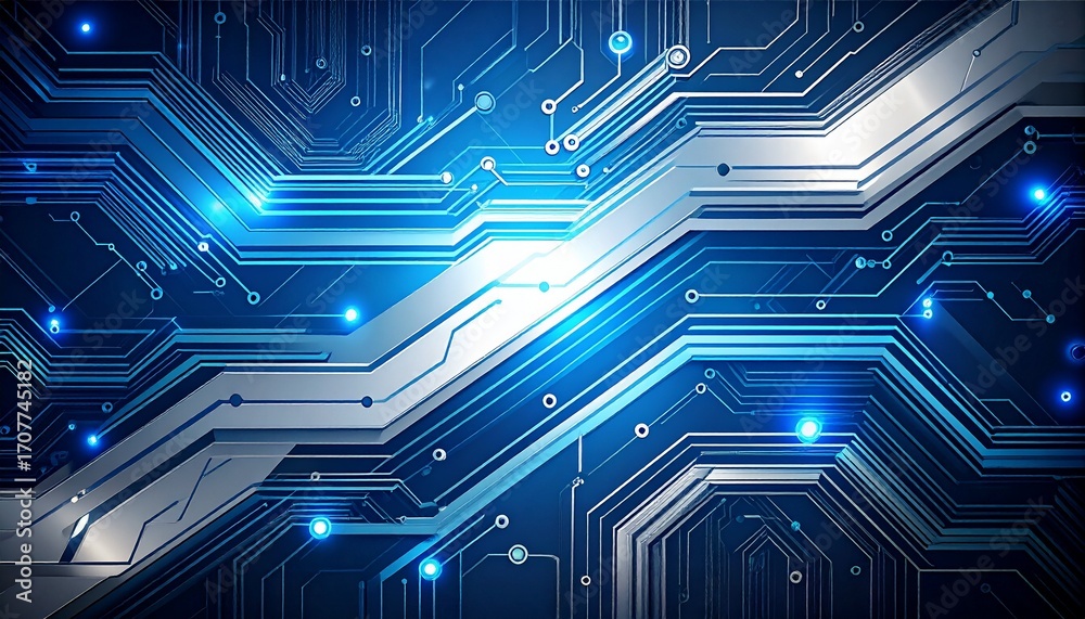 Fototapeta premium Abstract digital illustration featuring interconnected circuit board pathways with glowing blue light accents, suggesting technology and connectivity.