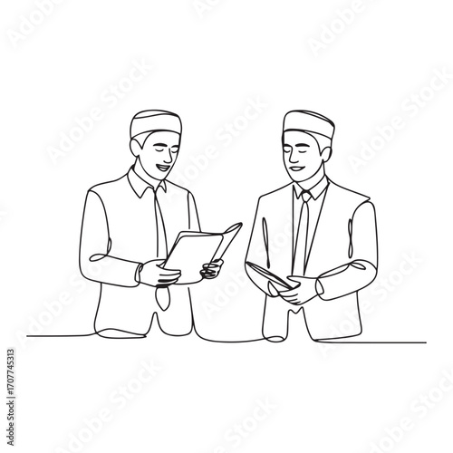 One single line Art drawing of young happy muslim managers discussing stock exchange movements. with white background
