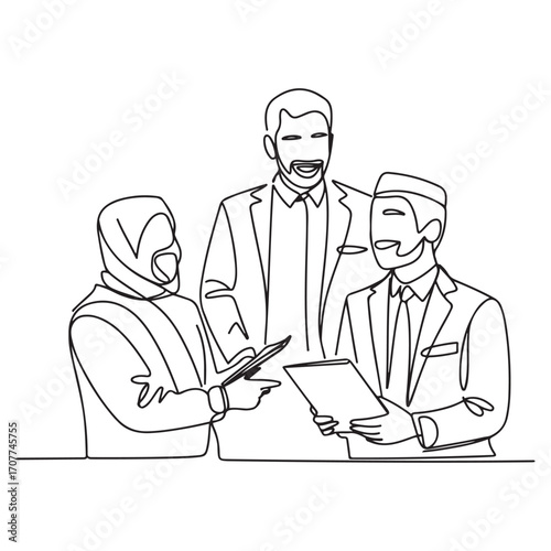 One single line Art drawing of young happy muslim managers discussing stock exchange movements. with white background