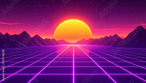 A vibrant, futuristic landscape featuring a glowing sun, grid, and mountains.