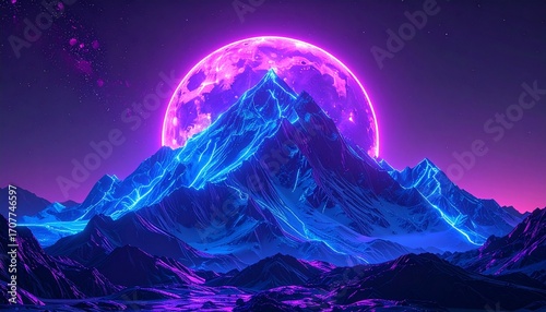 Neon-lit mountain range under a vibrant purple moon, digital art.