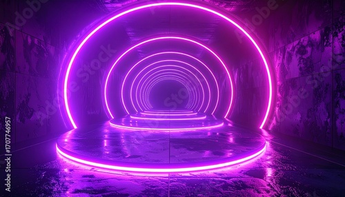 A luminous purple tunnel with concentric circles of neon light, leading into a dark, undefined space, set against a textured, rocky background.