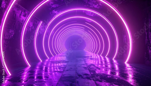 A tunnel illuminated with concentric neon purple rings, reflecting on a wet, textured surface.