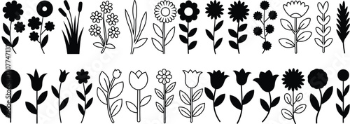Set of simple flower icons and silhouettes, diverse floral designs in black and white, nature and garden symbol collection.