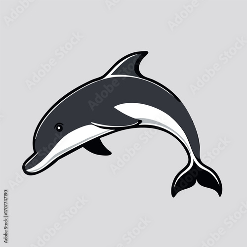Illustration of a black and white dolphin leaping upward against a light gray background.