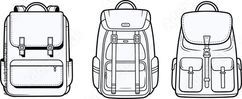 Set of stylish backpack illustrations, hand-drawn line art design, travel and school bags collection, perfect for design and prints