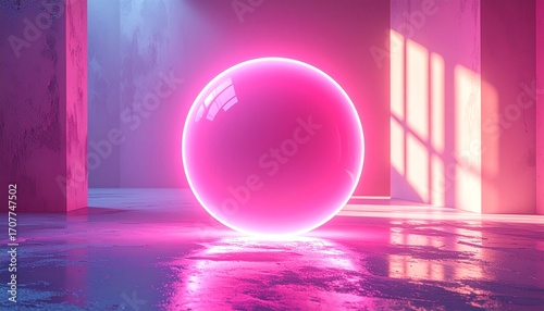 A glowing pink sphere levitates in a room with neon lighting and reflections on the floor.