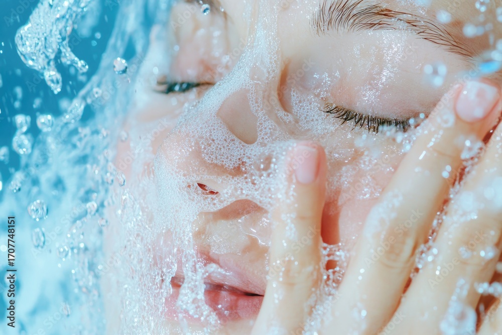 Obraz premium Refreshing shower moment: woman's face with water drops and relaxation