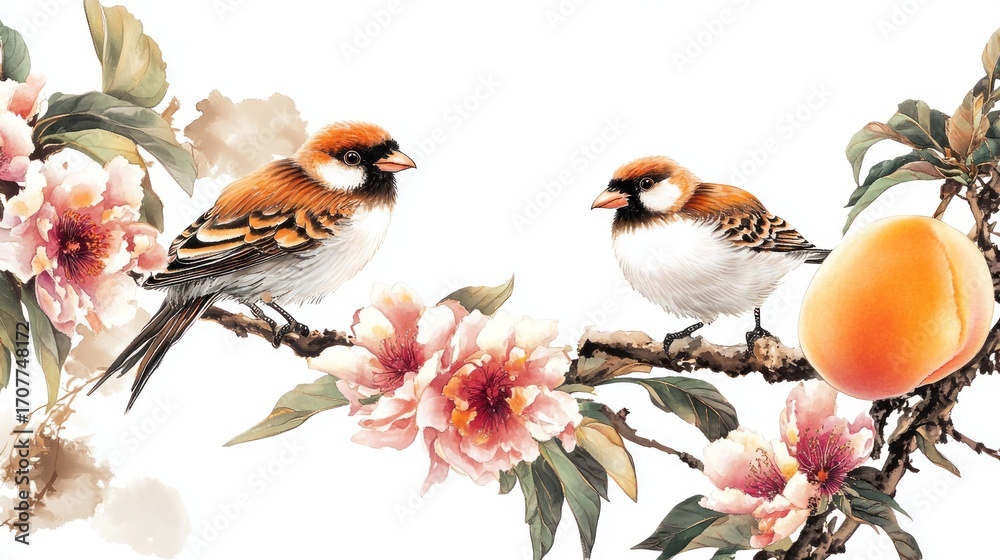 Fototapeta premium Two sparrows on a branch with peach blossoms and an apricot
