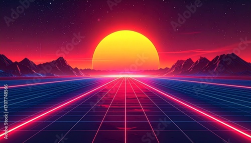 Retro futuristic landscape featuring a vibrant sunset over a grid-lined road leading into the horizon, with silhouetted mountains in the background.