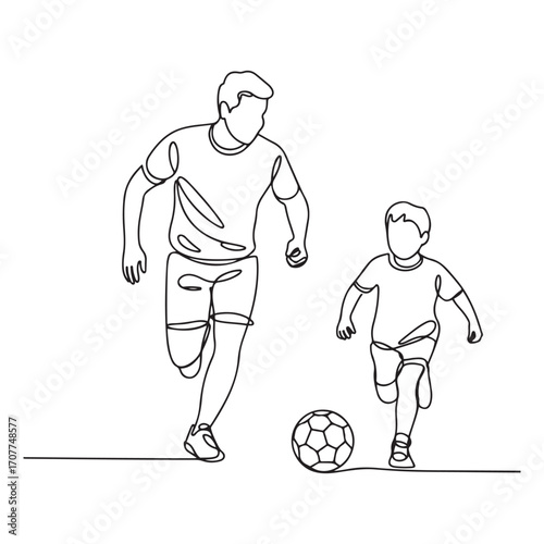 One single line Art drawing young dad running and playing football soccer with his son in public field park vector graphic illustration. with white background