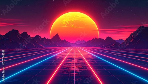 A vibrant digital artwork showcasing a futuristic landscape with a glowing sun setting over mountains and a neon road.