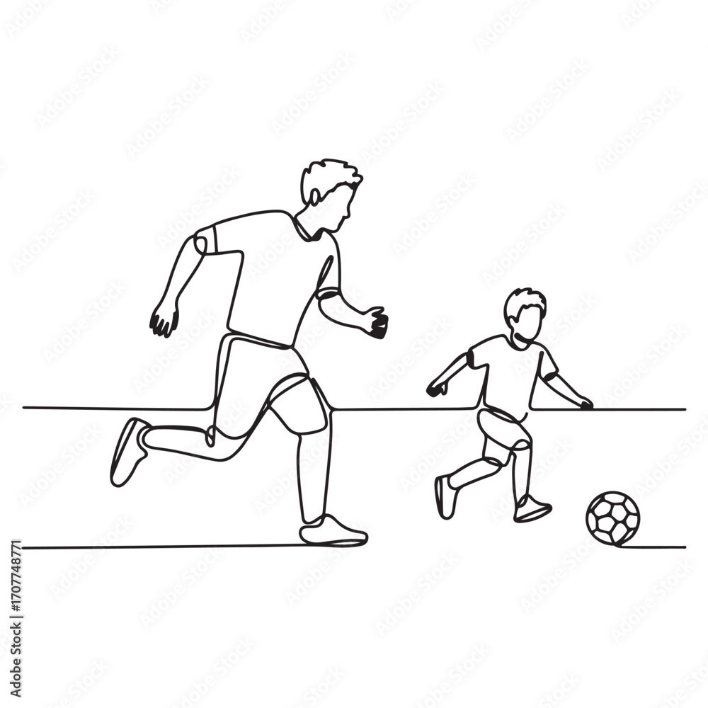 Fototapeta premium One single line Art drawing young dad running and playing football soccer with his son in public field park vector graphic illustration. with white background