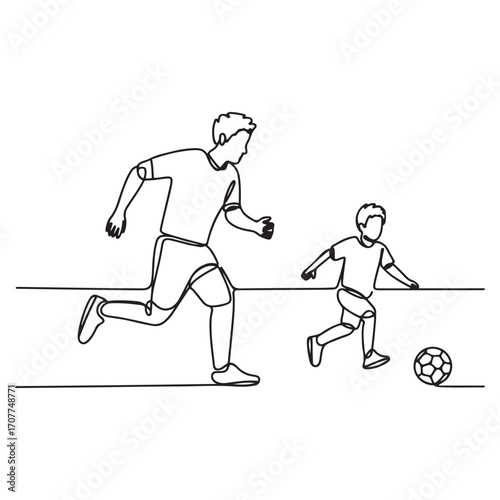 One single line Art drawing young dad running and playing football soccer with his son in public field park vector graphic illustration. with white background